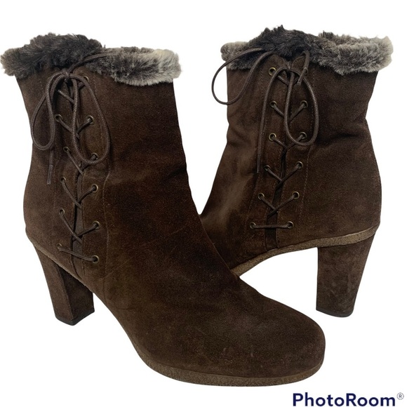 Stuart Weitzman Brown Suede Faux Fur Trim Lace Up Zip Up Ankle Boots - Picture 3 of 16